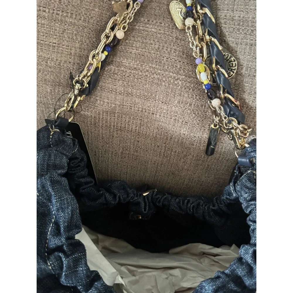 True Religion All Denim Large Hobo Bag Multi chain Strap With Charm NWT